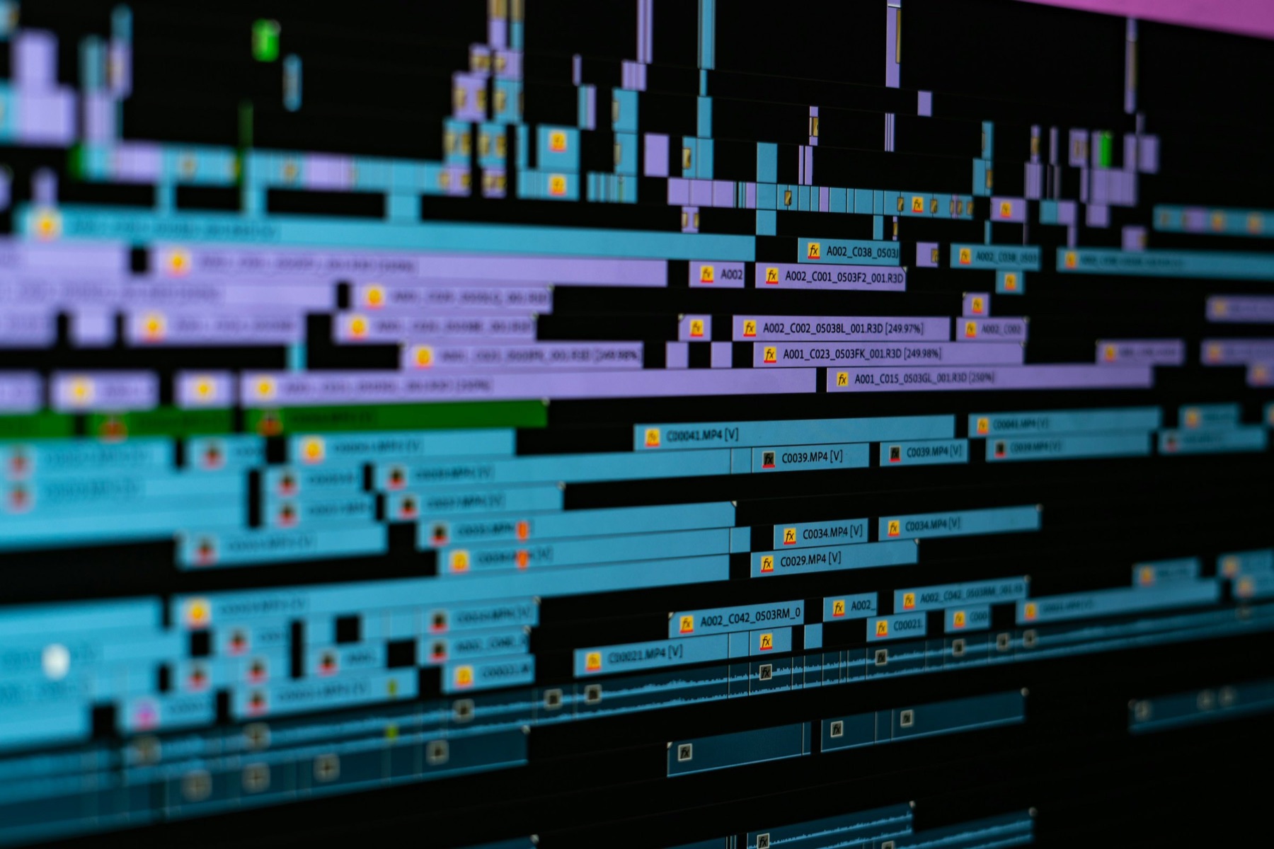 An editing timeline on a monitor, each clip labeled